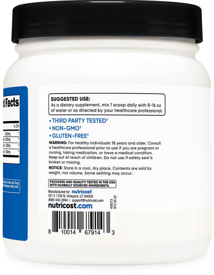 Side view of Nutricost BCAA 540g container with supplement facts and ingredients