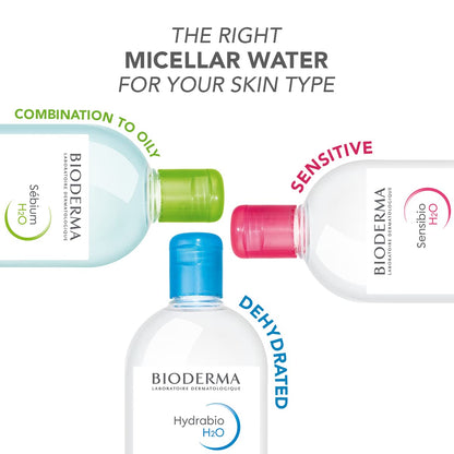 Side view of Bioderma Hydrabio H2O micellar cleansing water bottles demonstrating original imported seal.