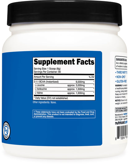Nutricost BCAA 2:1:1 unflavored powder used for pre-workout and post-workout support