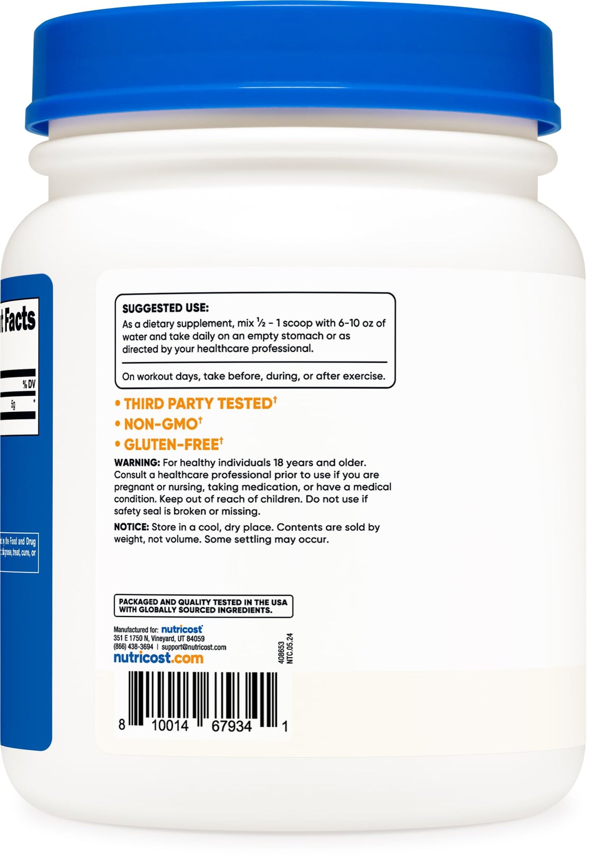 Nutricost amino acid supplement container side profile view