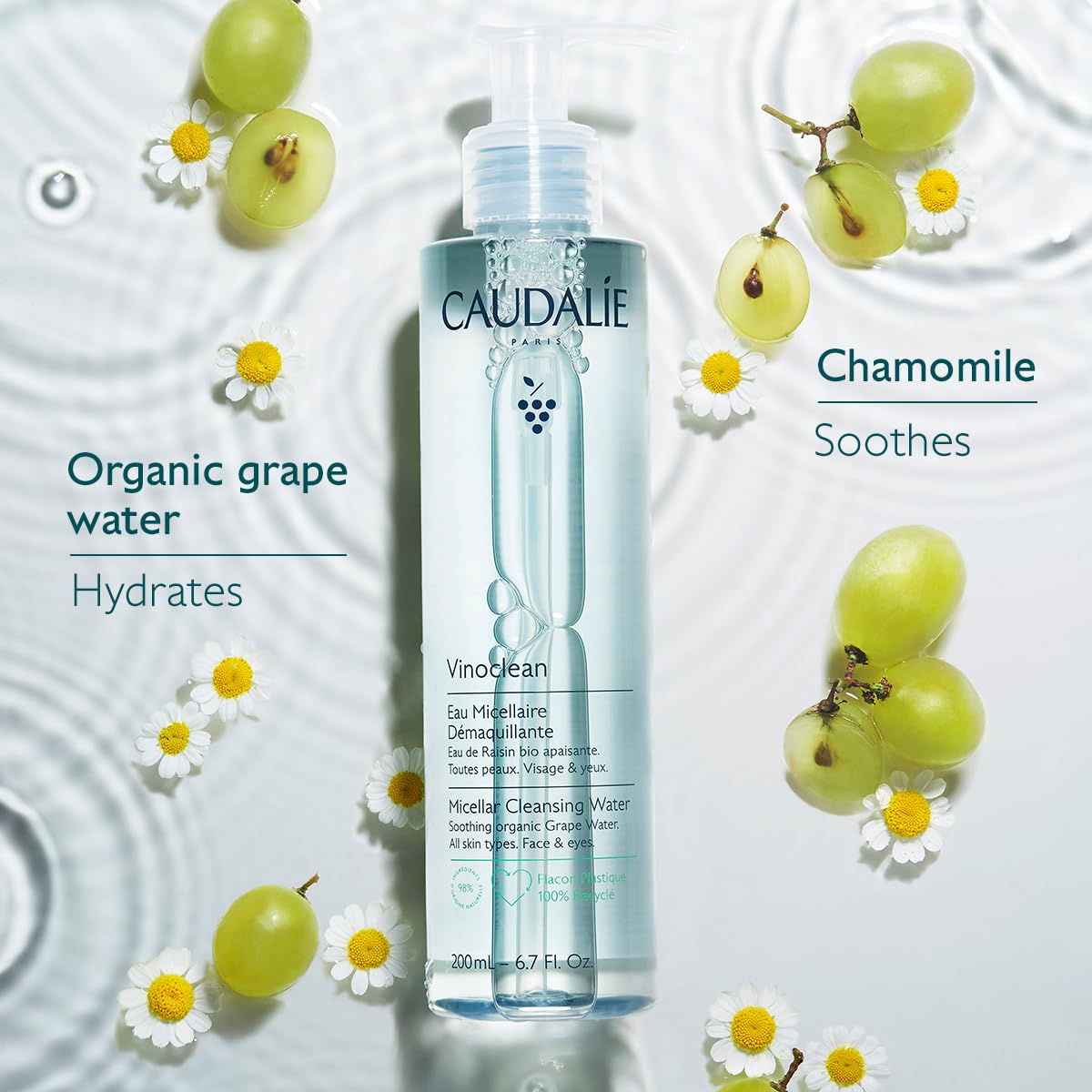 Caudalie Vinoclean Micellar Cleansing Water soap free makeup remover showing ingredients
