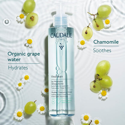 Caudalie Vinoclean Micellar Cleansing Water soap free makeup remover showing ingredients