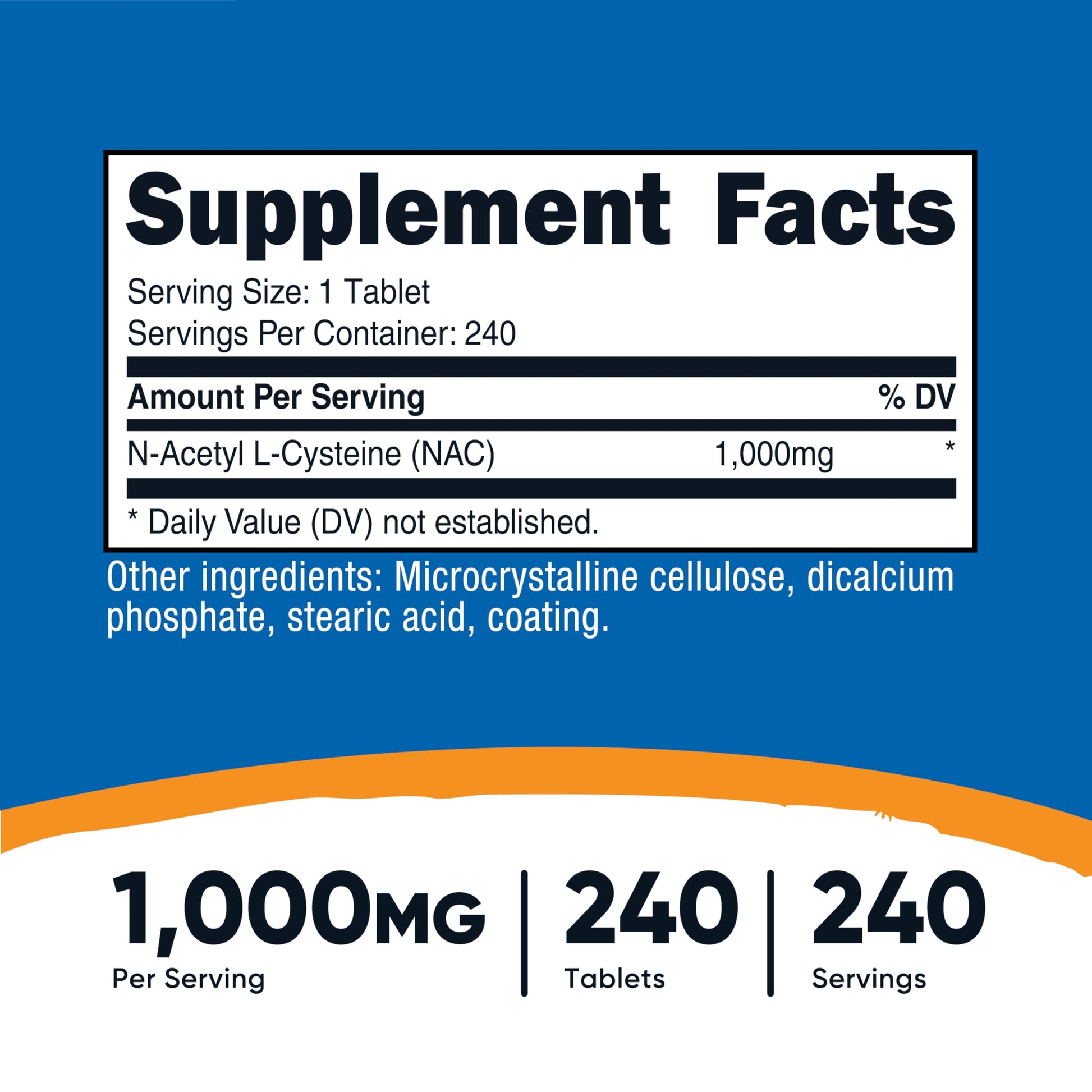 Nutricost NAC 240 vegan tablets nutritional facts and ingredient label details