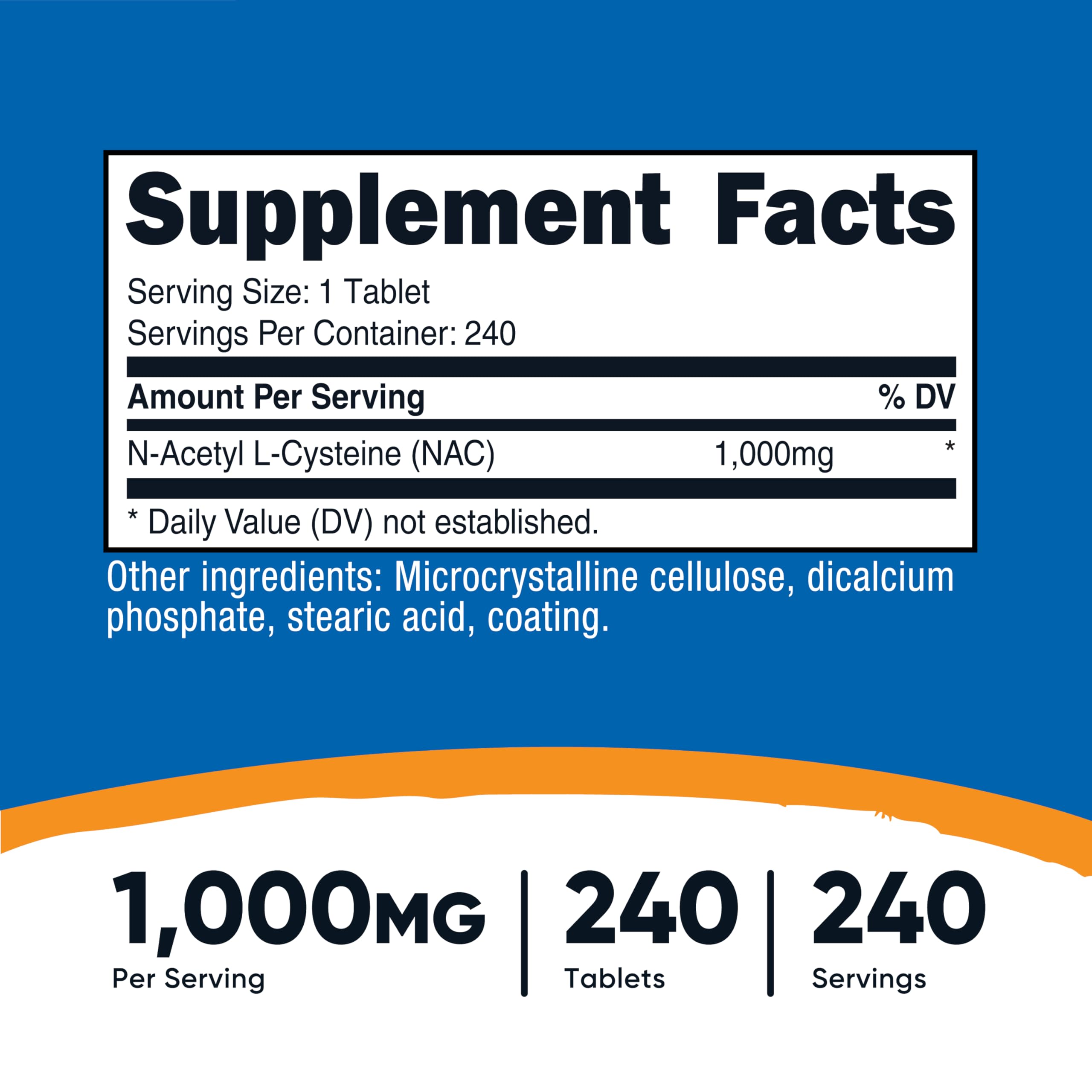 Nutricost NAC 240 vegan tablets nutritional facts and ingredient label details