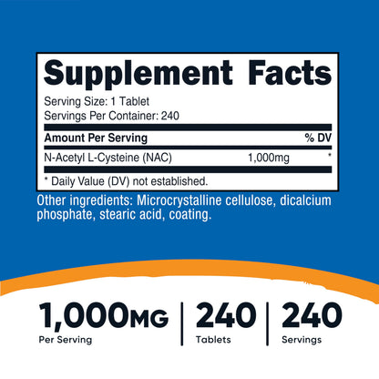 Nutricost NAC 240 vegan tablets nutritional facts and ingredient label details