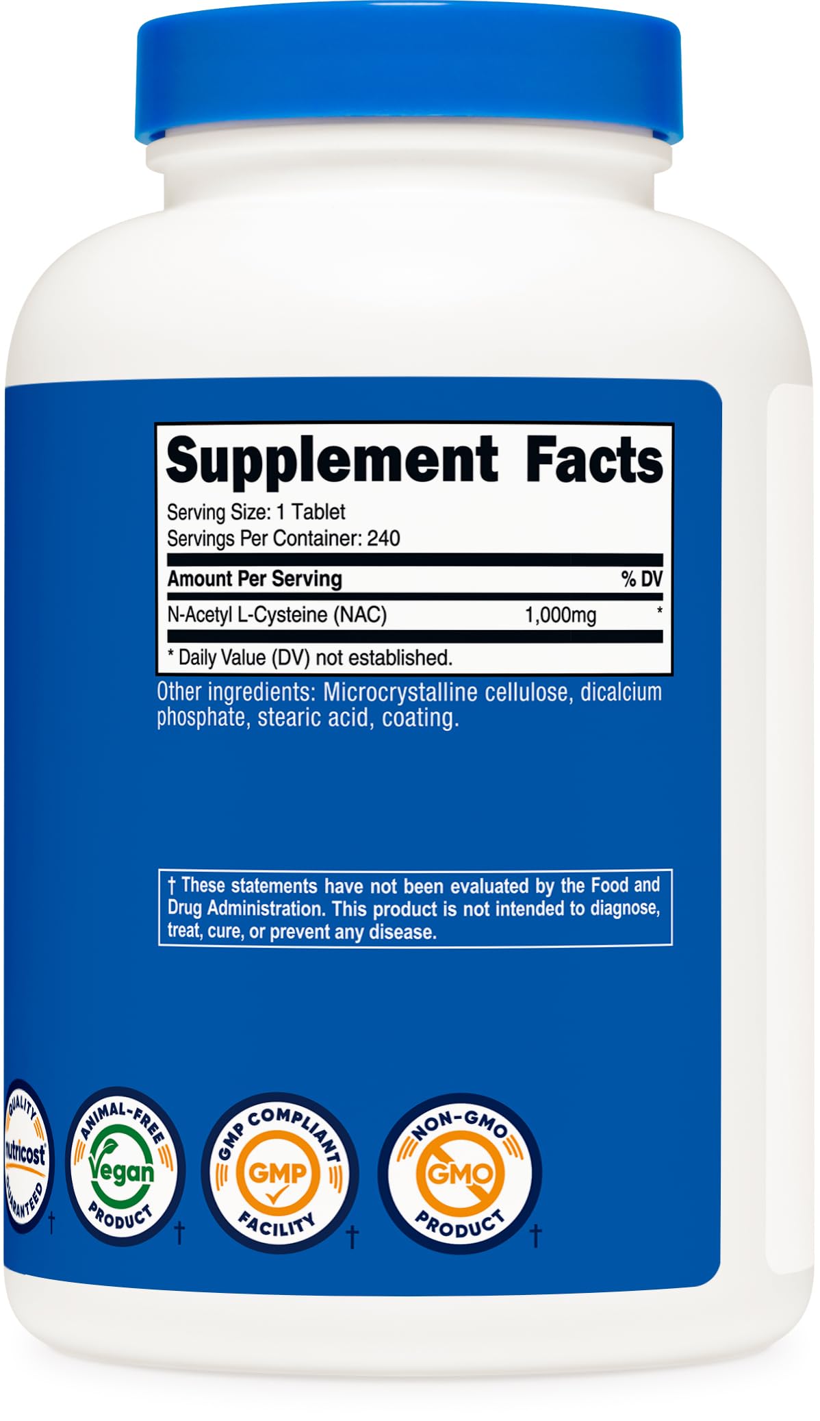 Close up of Nutricost non-GMO and gluten-free vegan wellness supplement packaging