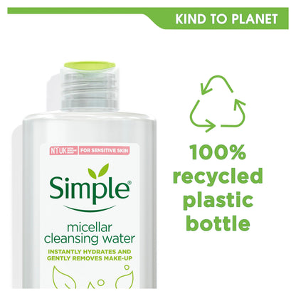 Back label view of Simple Kind to Skin facial cleanser with usage instructions and dermatological test details