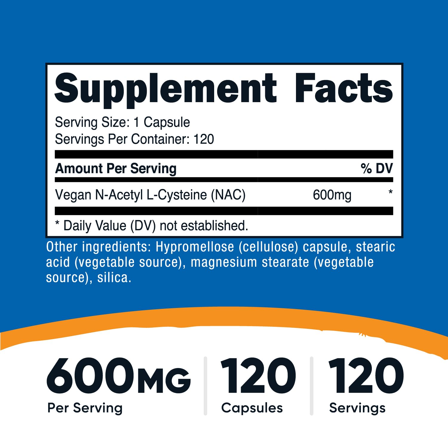 Nutricost NAC 600mg supplement facts label displaying premium ingredient purity and non-GMO vegan certified symbols.