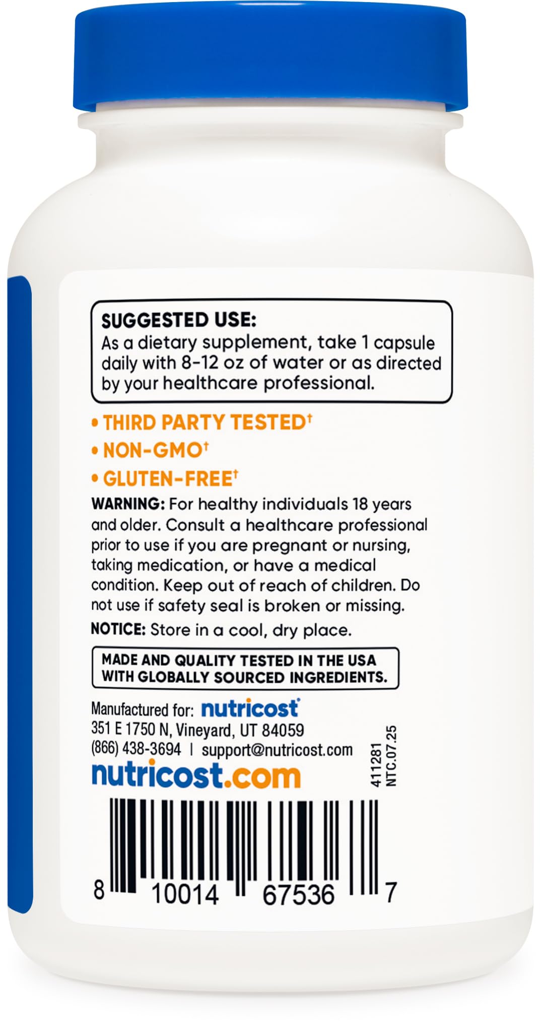 Authentic USA imported Nutricost NAC 600mg capsule size comparison and clear daily serving instruction details.