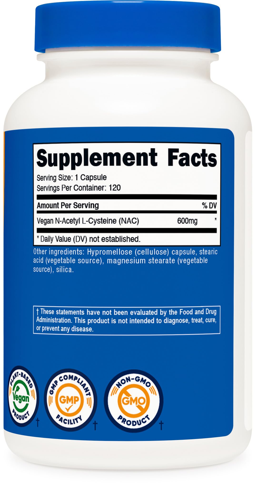 Nutricost N-Acetyl L-Cysteine 120 vegetarian capsules container showing clean gluten free wellness formulation details.