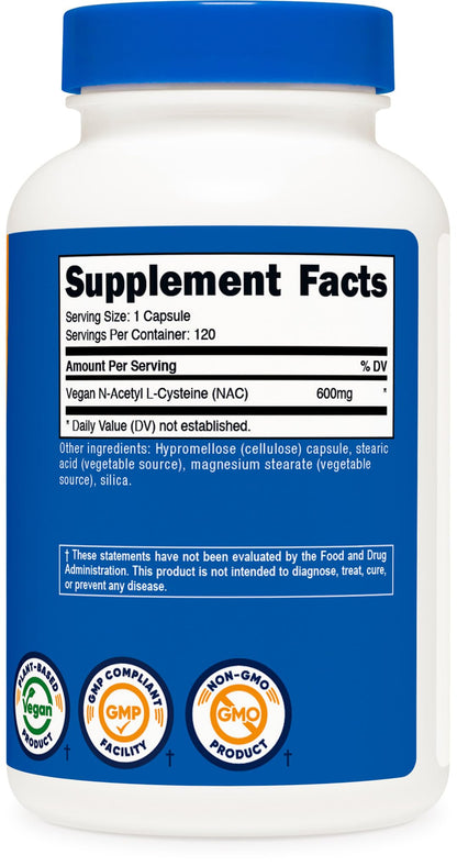 Nutricost N-Acetyl L-Cysteine 120 vegetarian capsules container showing clean gluten free wellness formulation details.