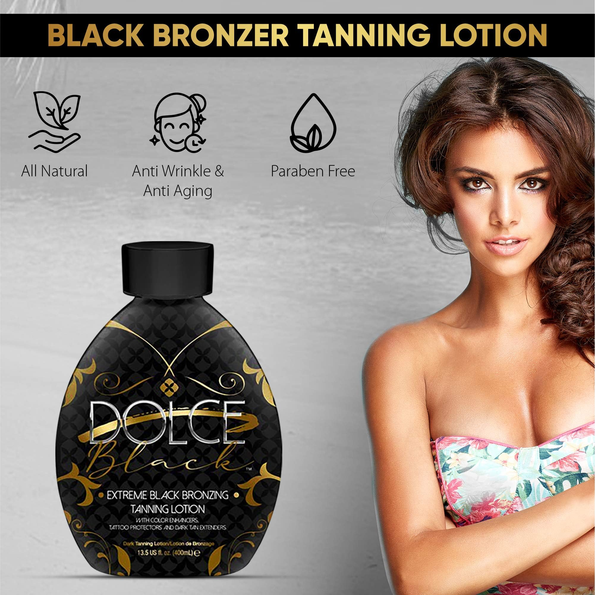 Back of Dolce Black tanning lotion showing ingredient label