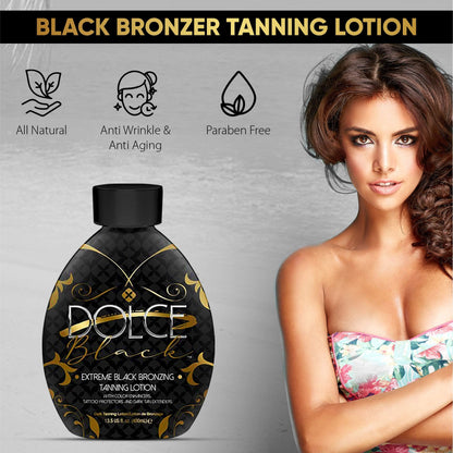 Back of Dolce Black tanning lotion showing ingredient label