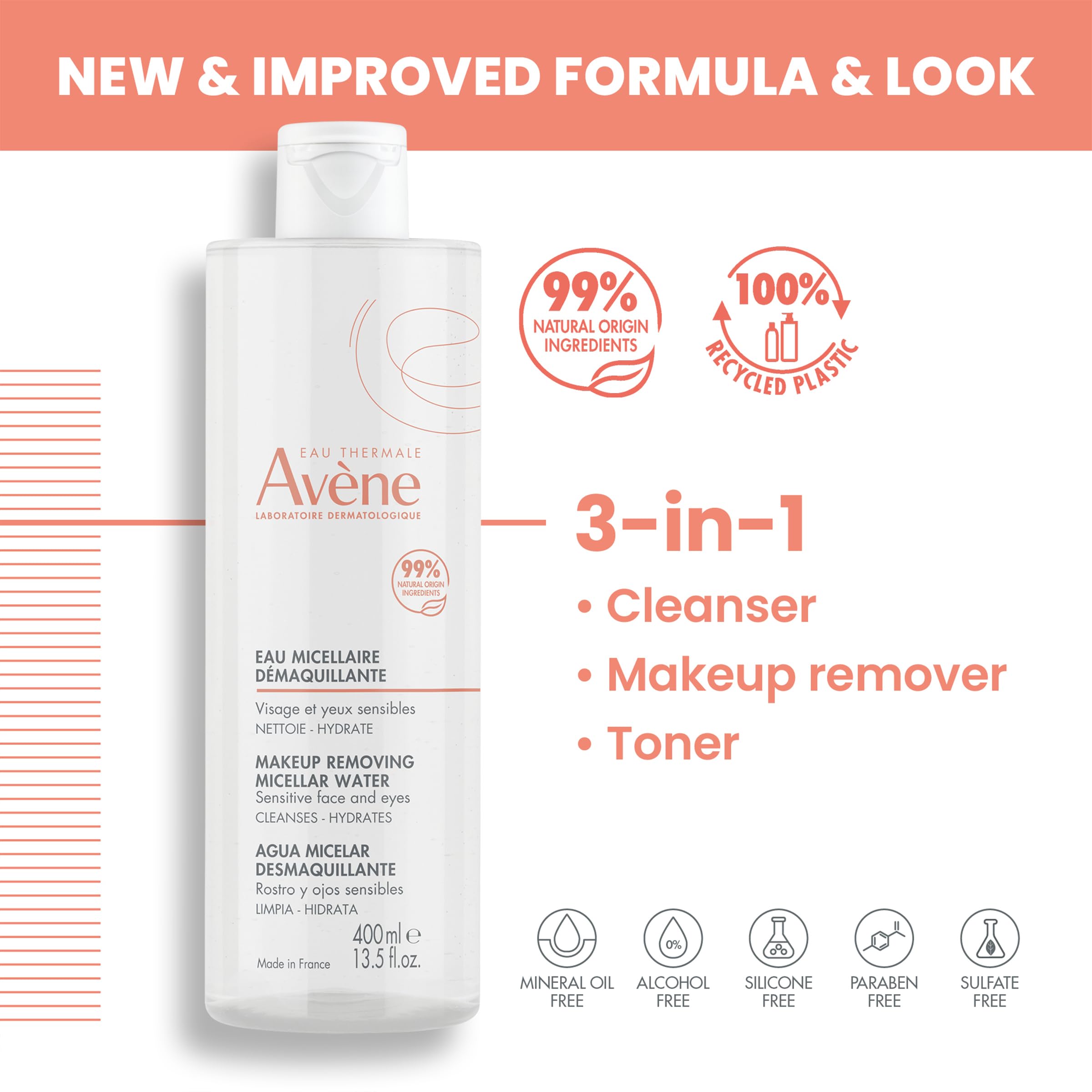 AvÃ¨ne 3-in-1 no-rinse micellar cleanser and toner bottle showing natural origin ingredients label