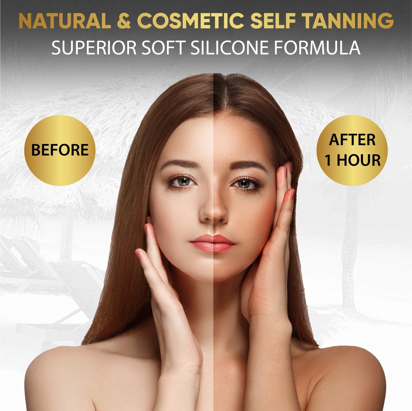 Model showing glowing bronze skin after using Dolce Black lotion