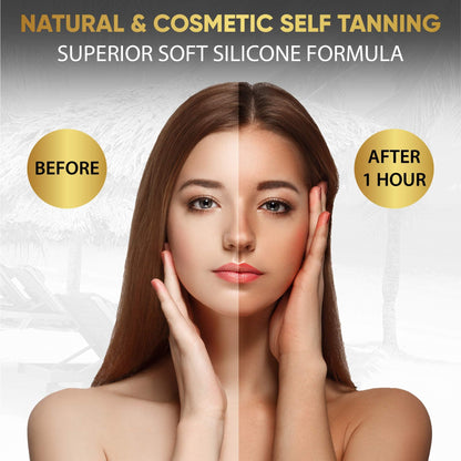 Model showing glowing bronze skin after using Dolce Black lotion