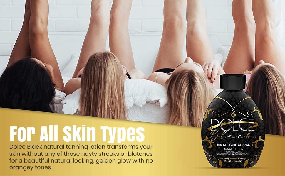 Close up of Dolce Black 13.5 Ounce tanning lotion bottle