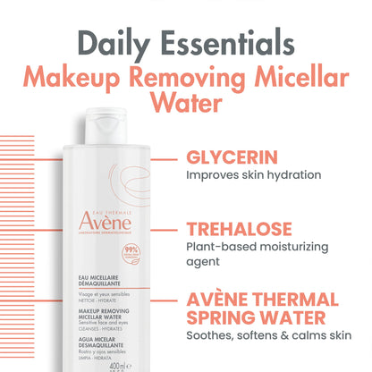 Clear liquid view of AvÃ¨ne sensitive skin micellar lotion showing fluid ounces and pump details