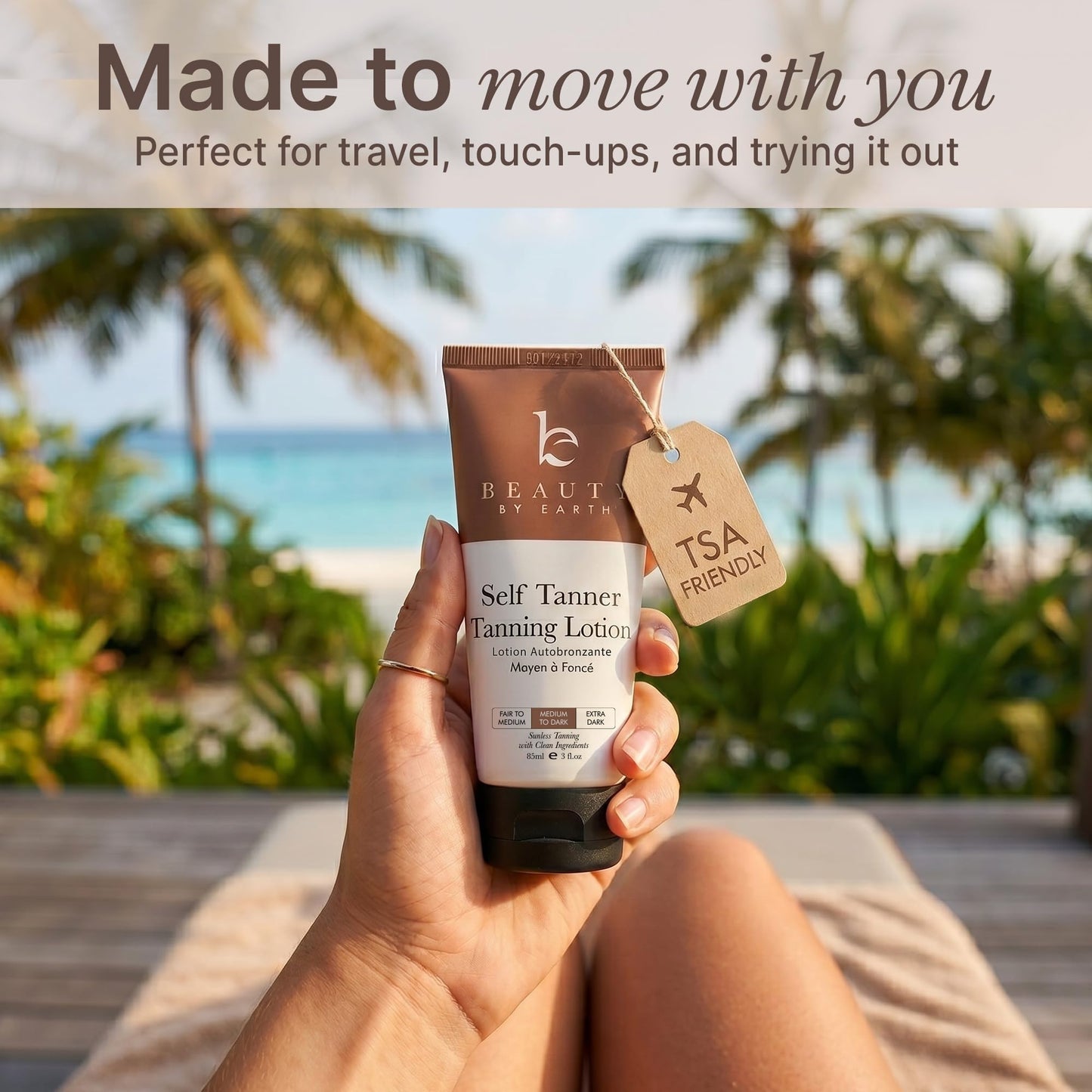 Lifestyle shot of Beauty By Earth travel size tanning lotion