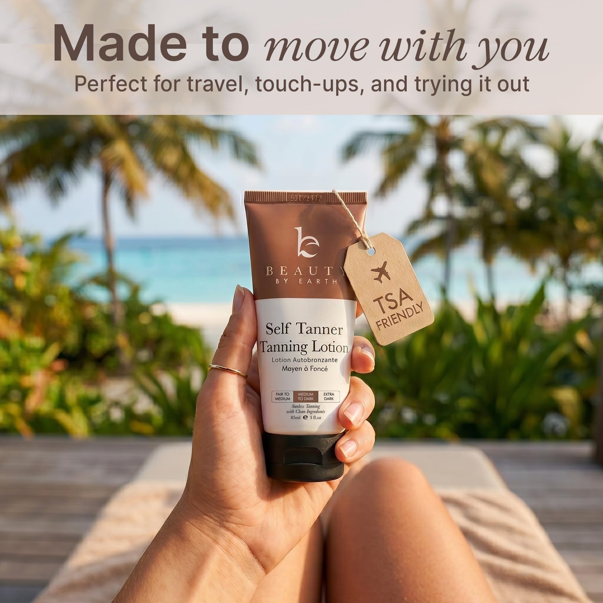 Lifestyle shot of Beauty By Earth travel size tanning lotion