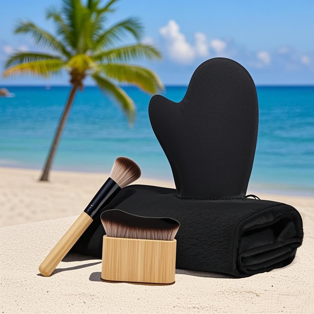Close up of black velvet self tanning mitt
