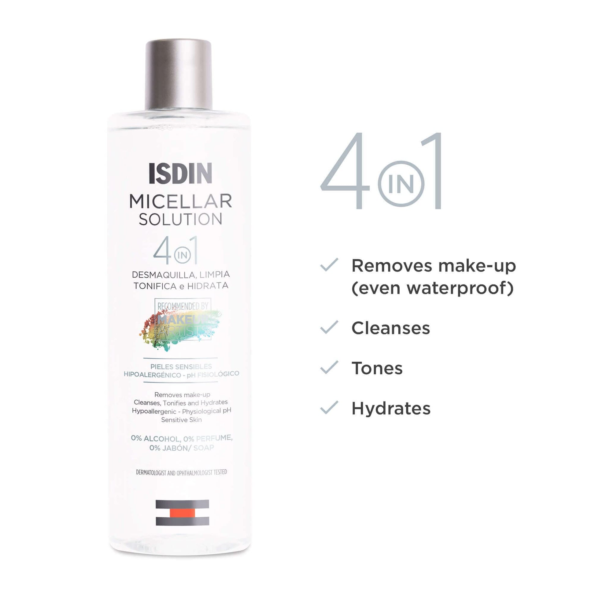 ISDIN non-rinse formula micellar water bottle highlighting the 4-in-1 benefit icons