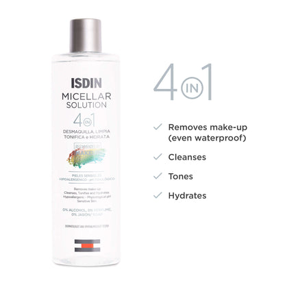 ISDIN non-rinse formula micellar water bottle highlighting the 4-in-1 benefit icons