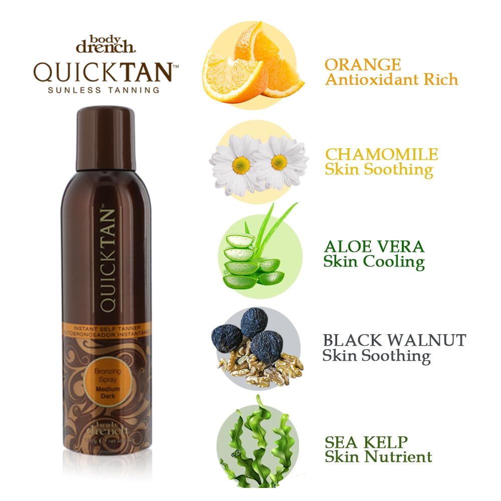 Two bottles of Body Drench Quick Tan tanning spray for professional sunless glow