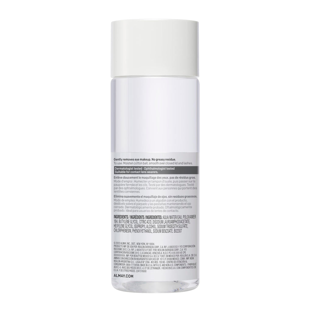 Almay hypoallergenic eye makeup remover bottle close up view