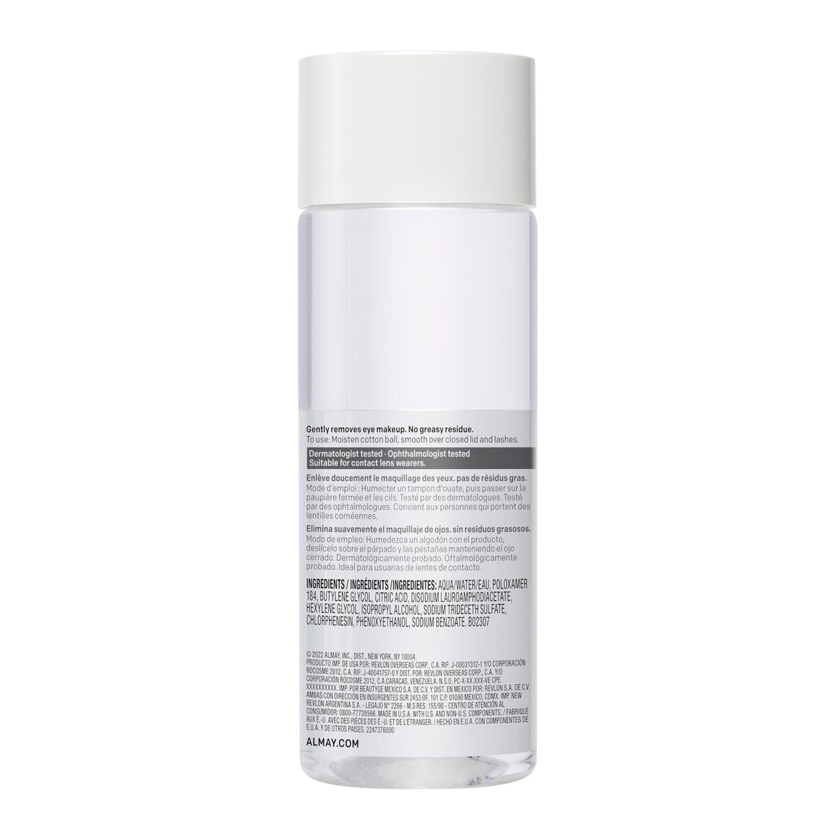 Almay hypoallergenic eye makeup remover bottle close up view