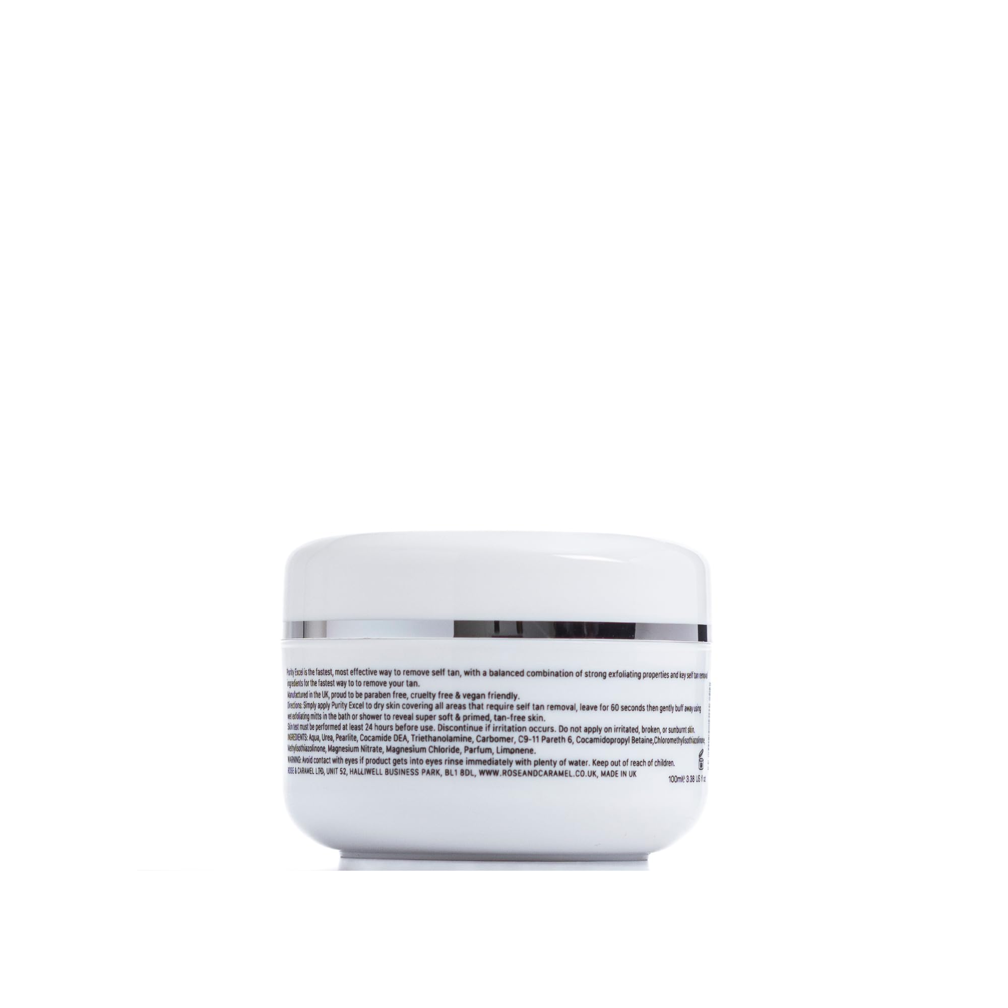 Rose & Caramel Purity Excel 100ml tan remover packaging details