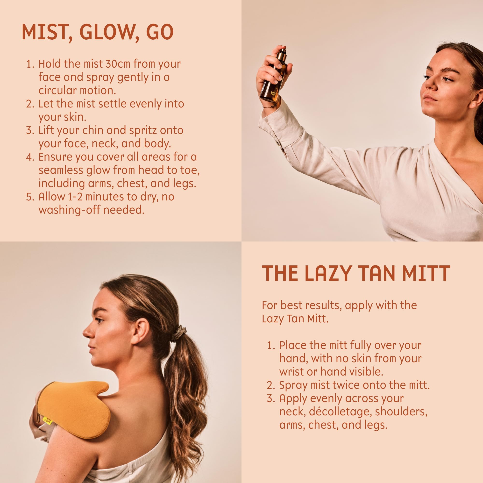 Model showing natural glow with Lazy Tan mist