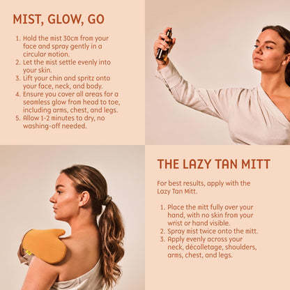 Model showing natural glow with Lazy Tan mist
