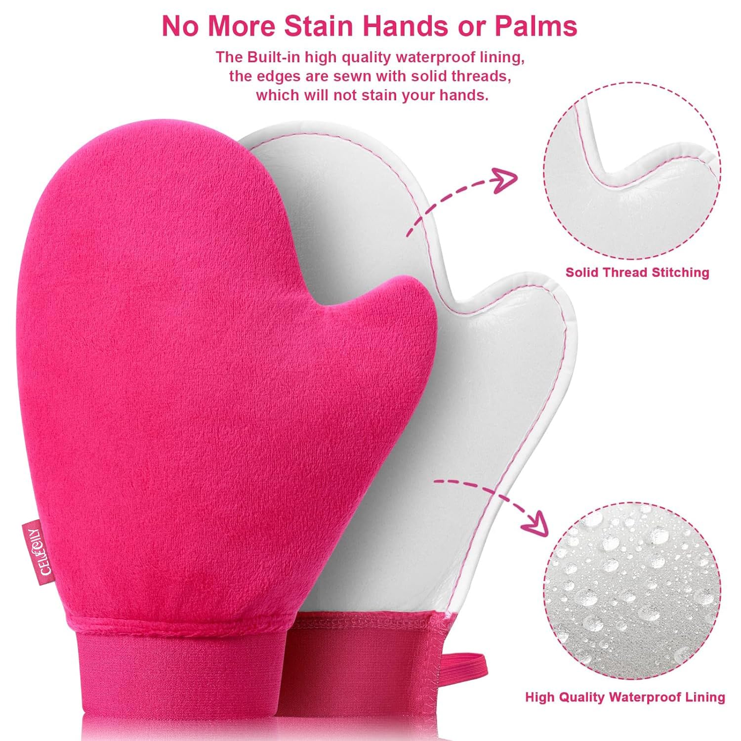 CeleCily tanning mitt showing thumb design and elastic cuff