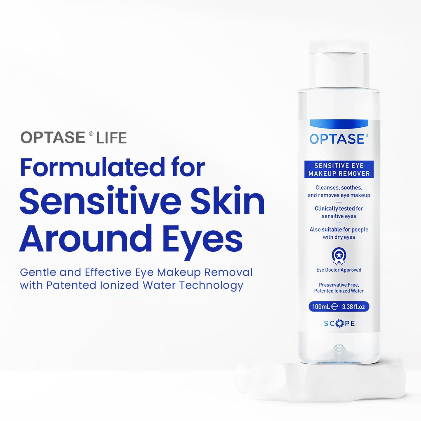 Optase Life oil free eye makeup remover packaging showcasing clinically tested sensitive skin benefits