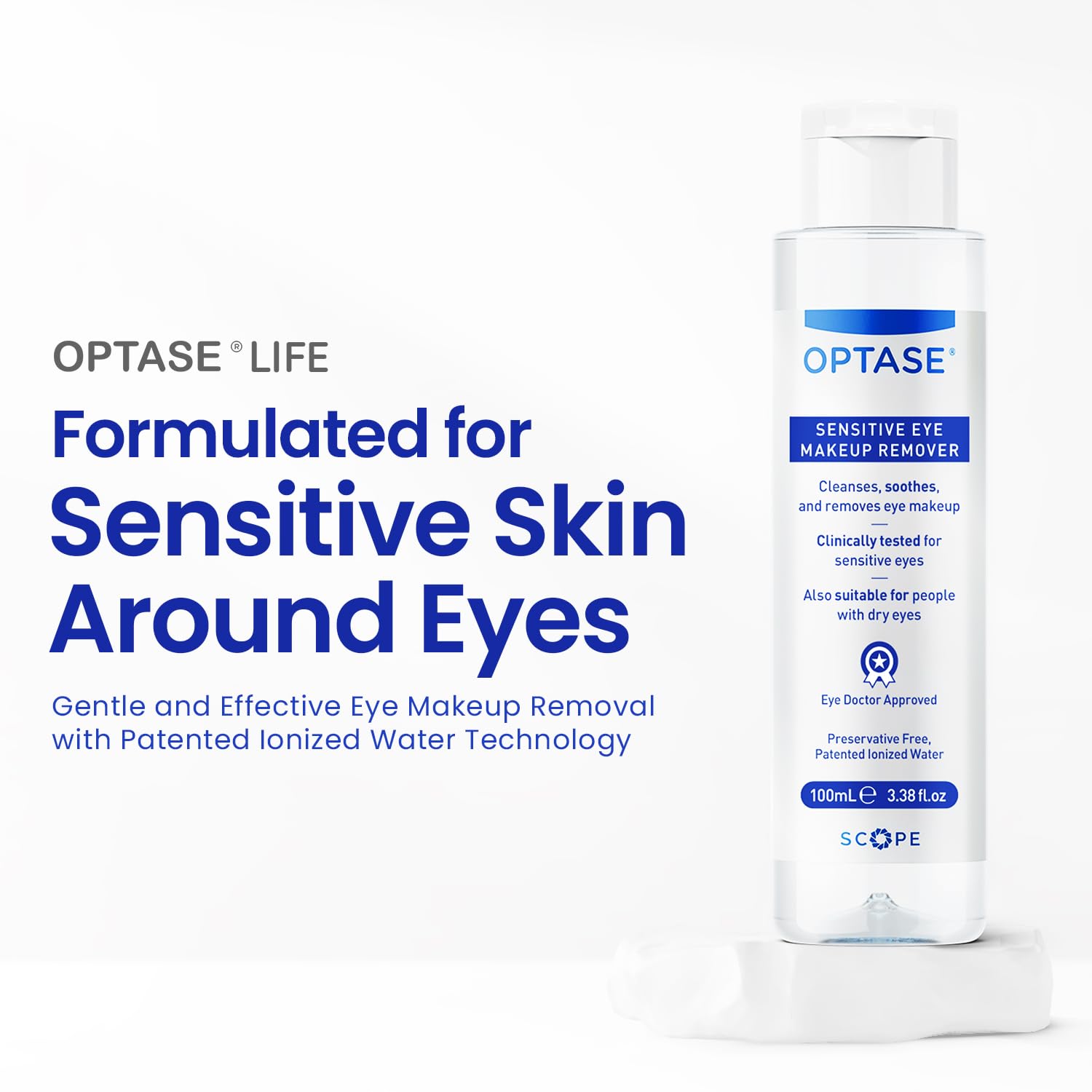 Optase Life oil free eye makeup remover packaging showcasing clinically tested sensitive skin benefits