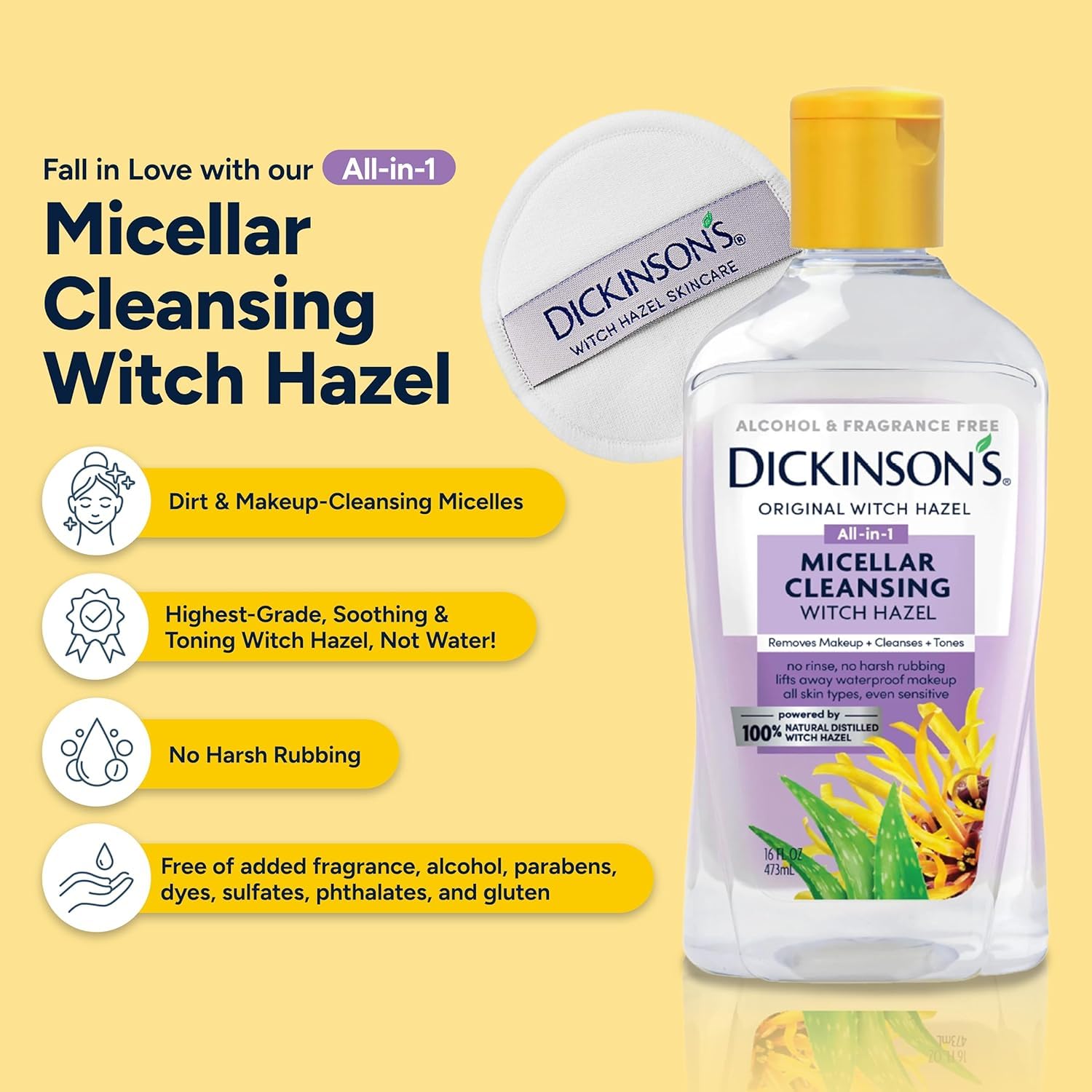 Dickinson's alcohol free all in one makeup remover and pore refiner bottle angle