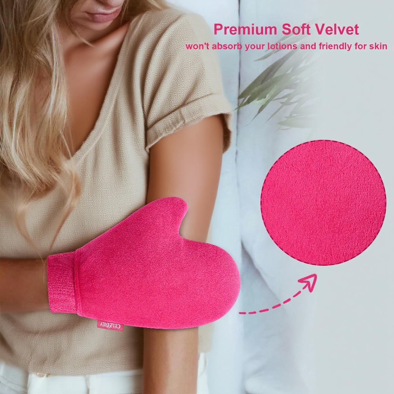 Hot pink CeleCily self tanning mitt packaging
