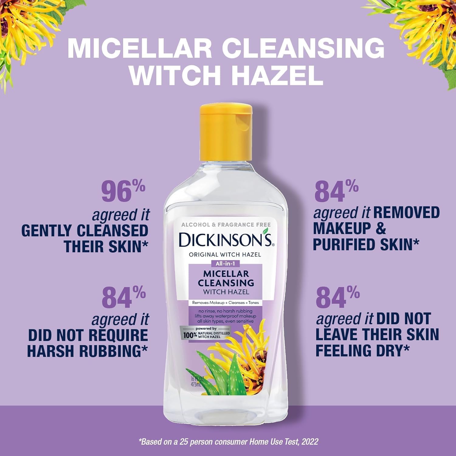 Dickinson's 100 percent natural distilled witch hazel micellar cleanser label details