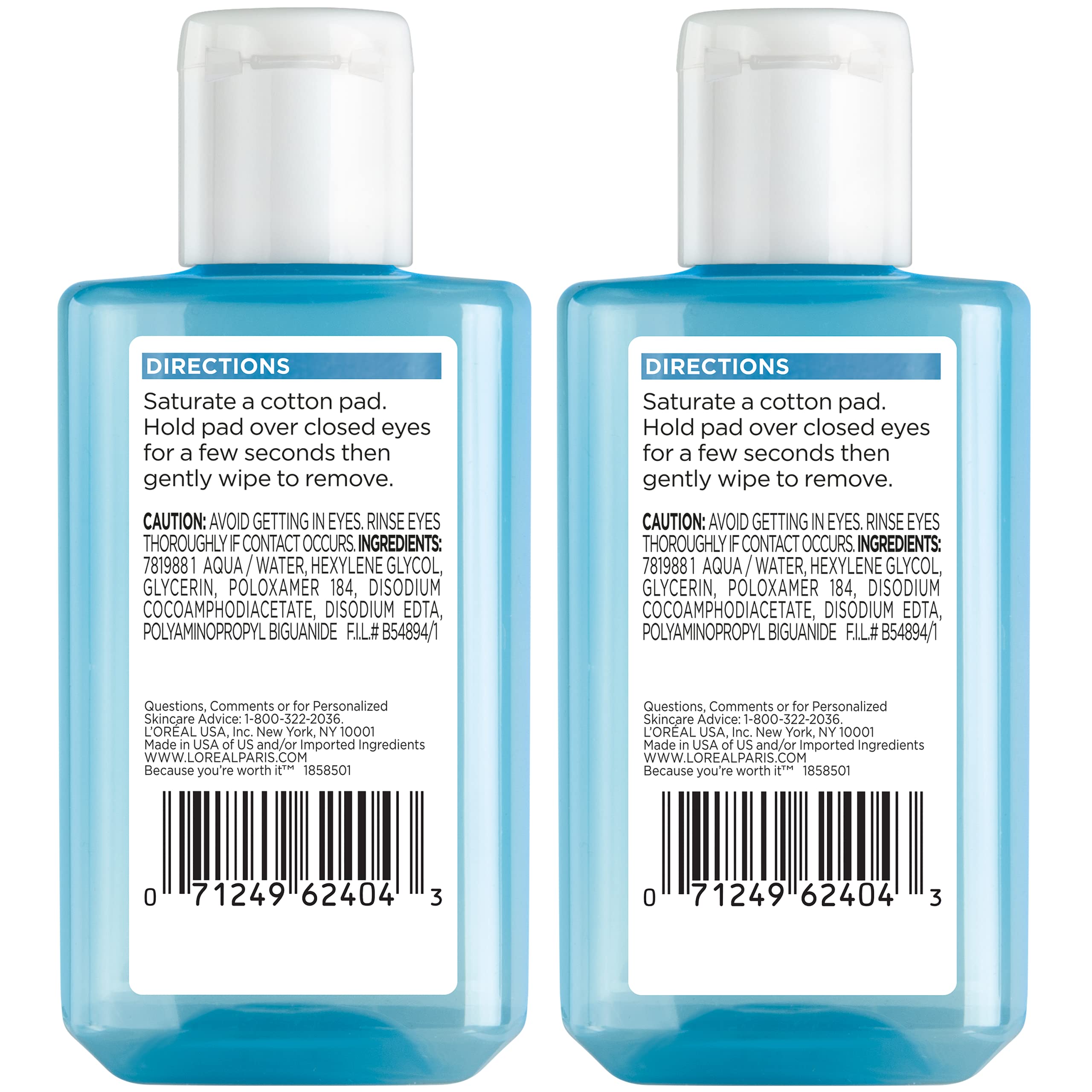L'Oreal Paris sensitive eyes makeup remover liquid bottles showcasing the clear blue oil-free formula.