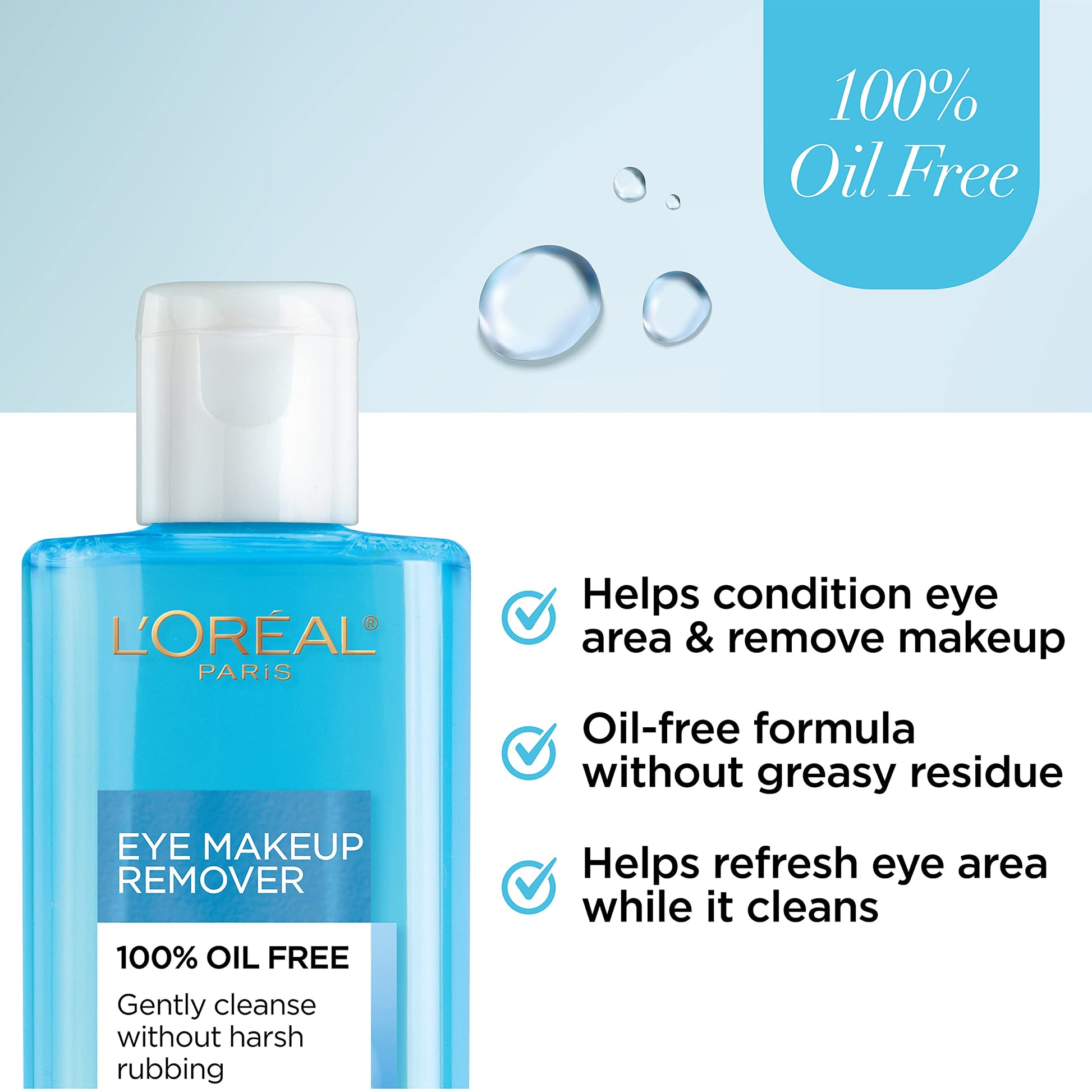 Two four fluid ounce bottles of L'Oreal Paris oil-free eye cleanser standing upright together.