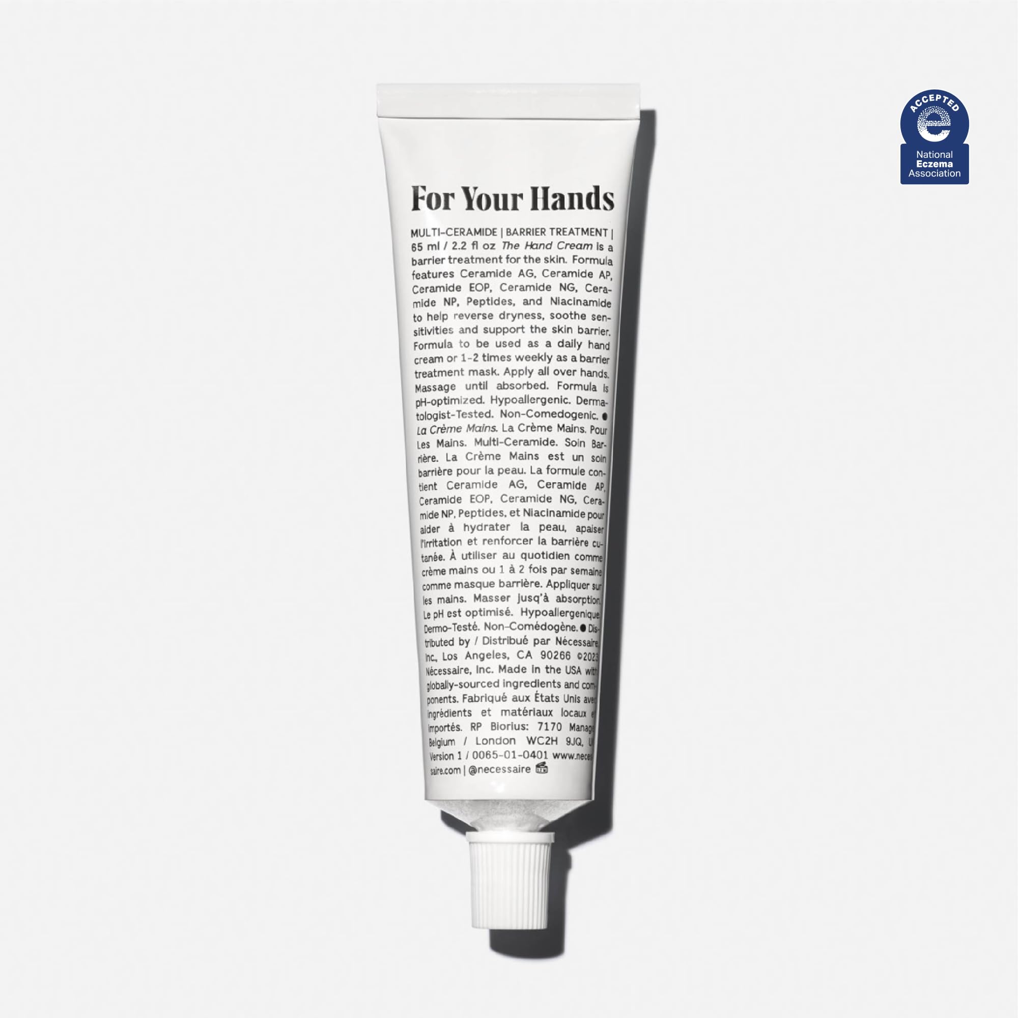 Nécessaire fragrance free hand lotion with ceramides showing clean aesthetic packaging.
