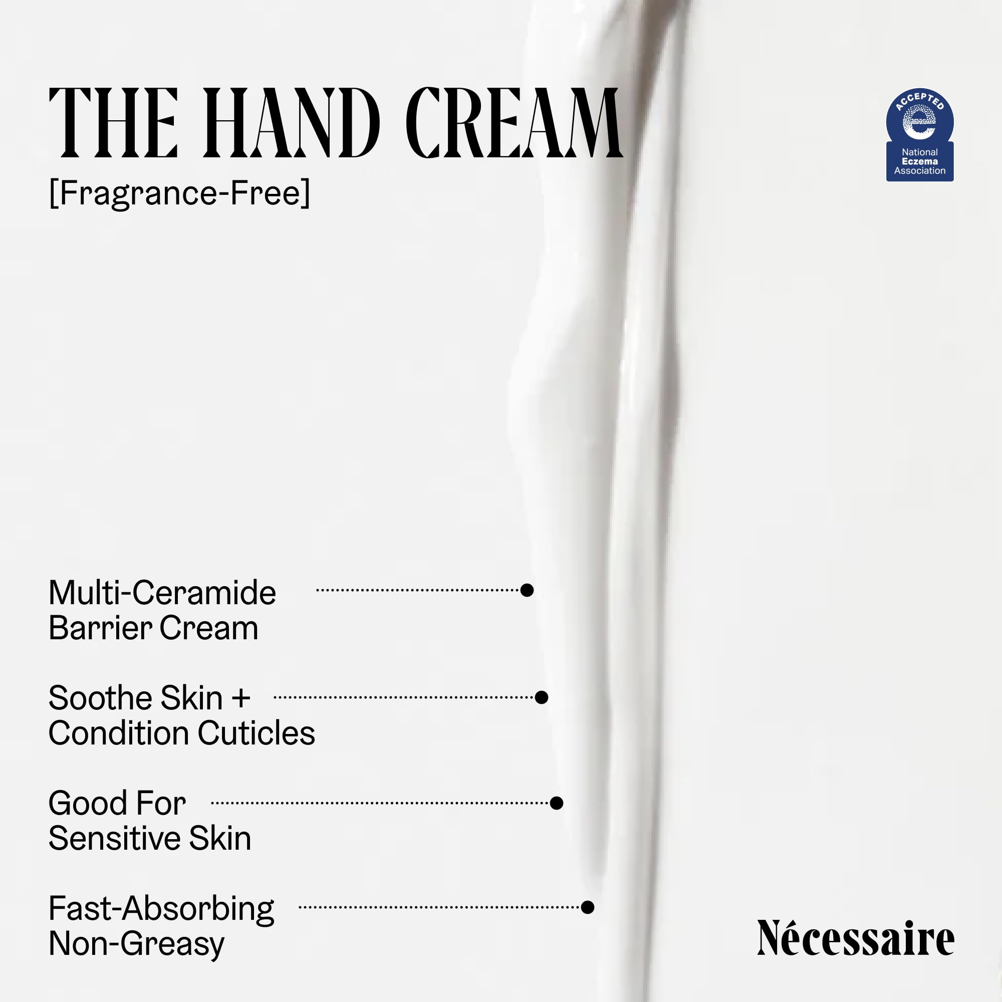 Authentic Nécessaire 65 milliliter hand cream tube highlighting key ingredients like niacinamide.