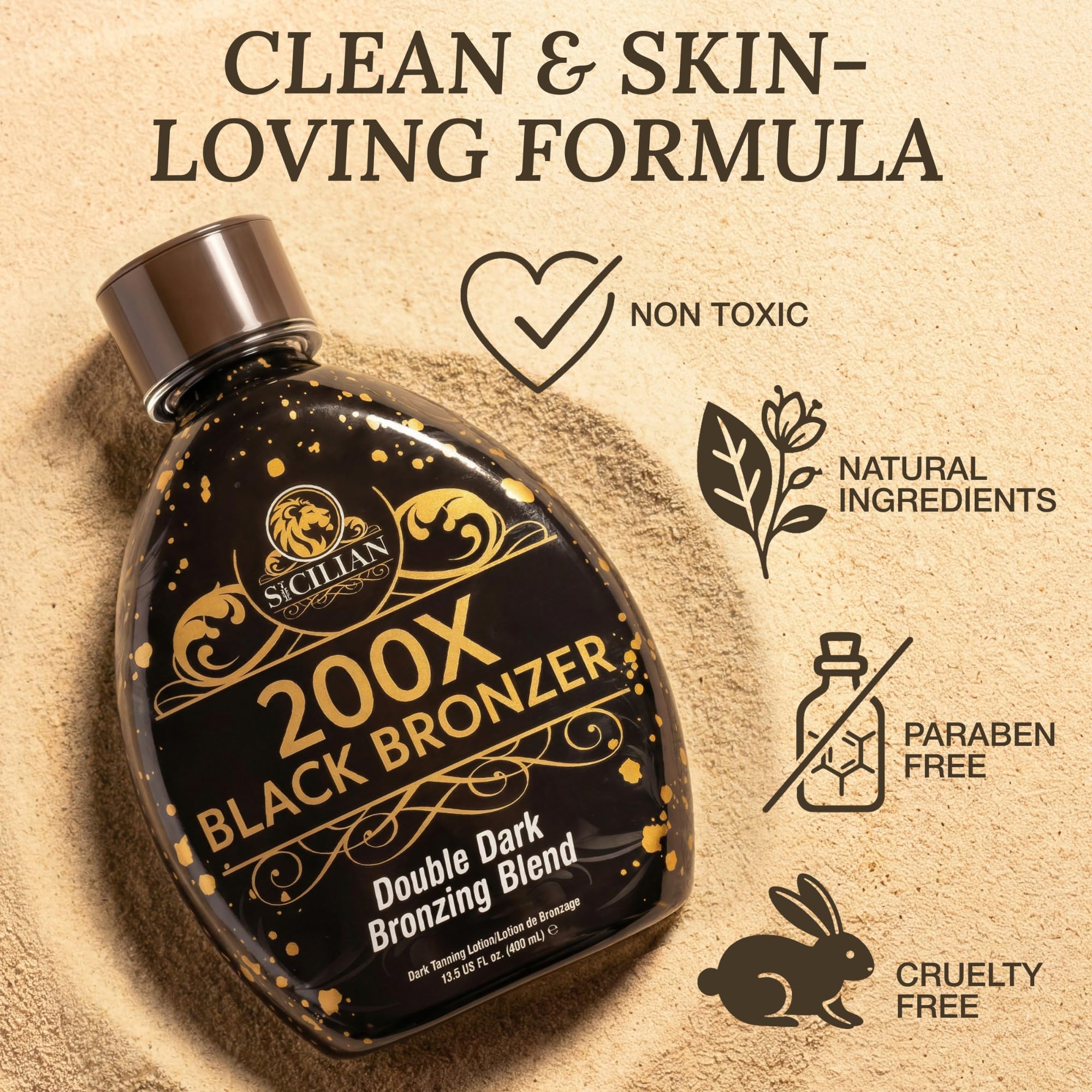 Back of The Sicilian 200X tanning lotion bottle with ingredient details