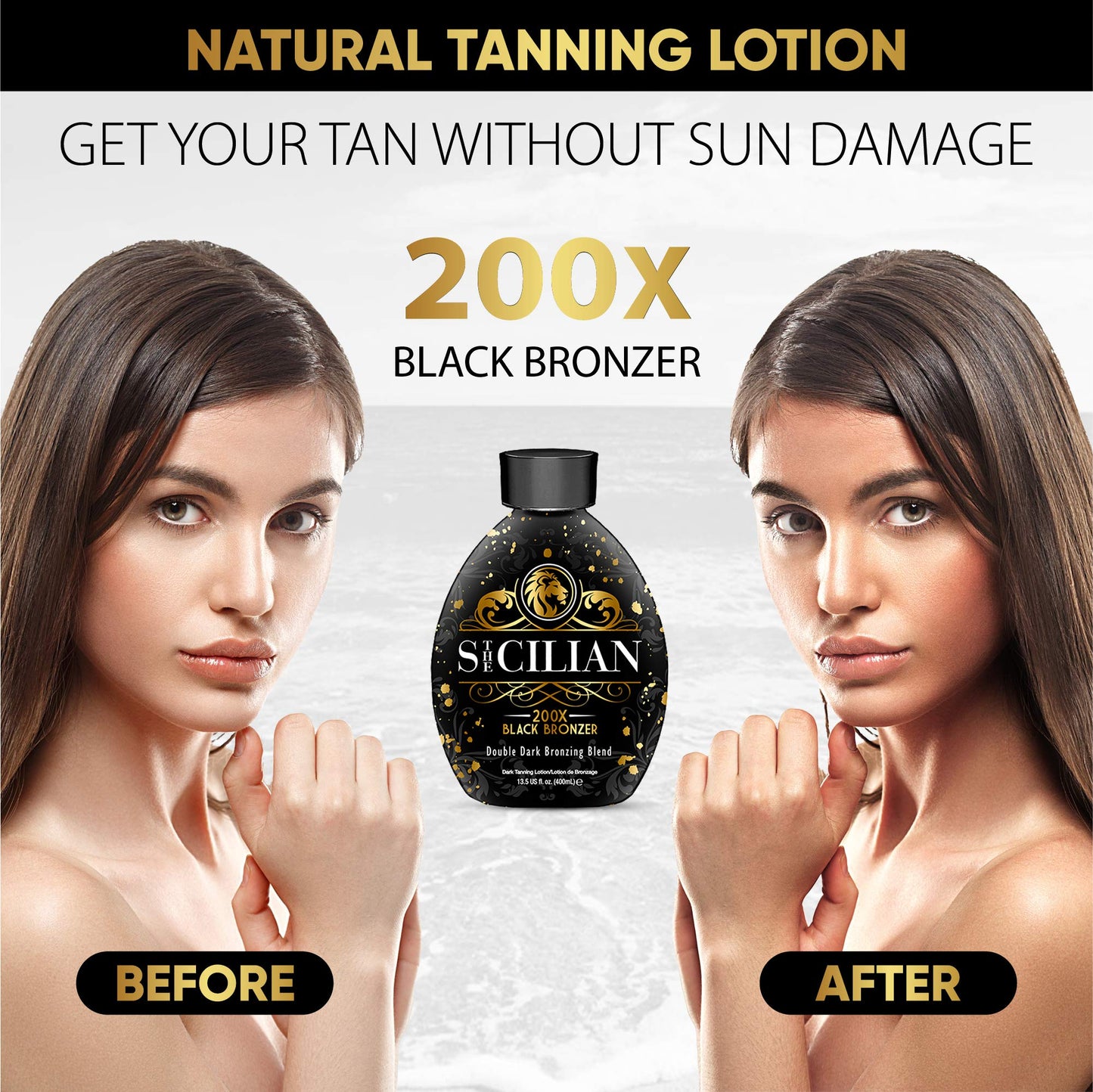 Travel size 13.5 fluid ounce bottle of The Sicilian 200X tanning lotion