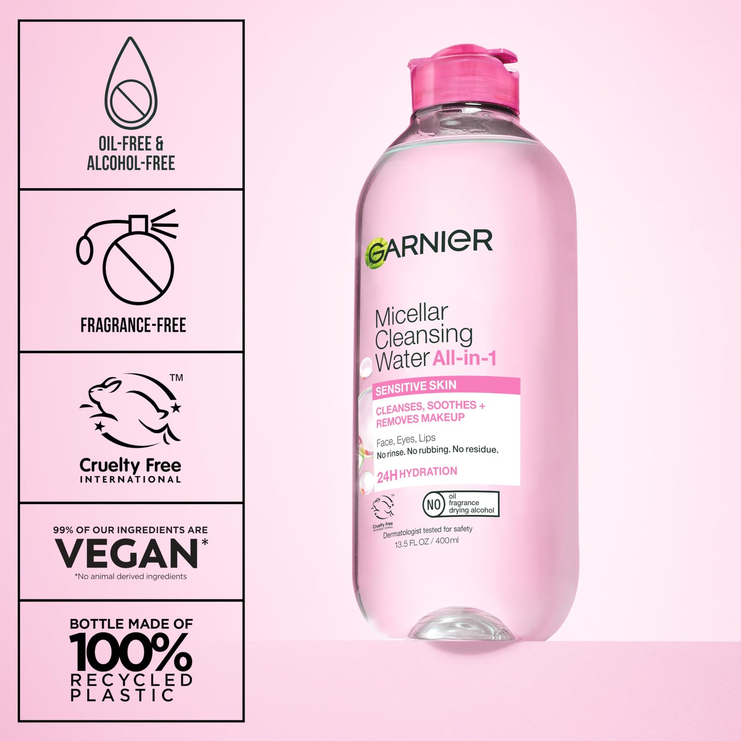 Vegan and cruelty free Garnier facial cleanser bottle setup in a bathroom