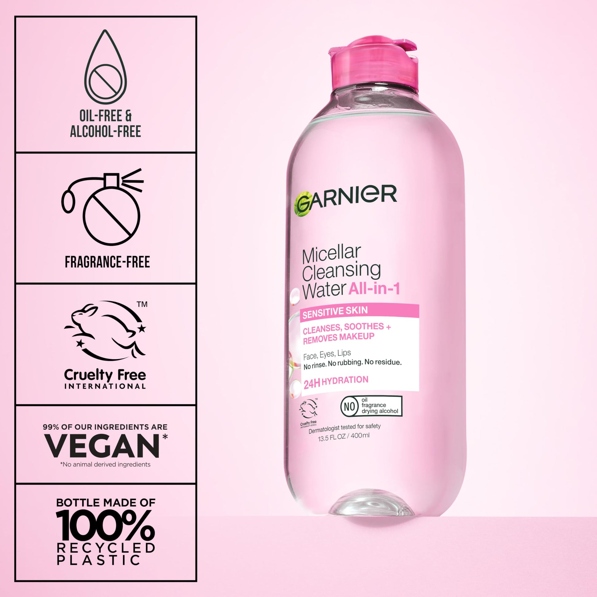 Vegan and cruelty free Garnier facial cleanser bottle setup in a bathroom