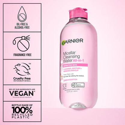 Vegan and cruelty free Garnier facial cleanser bottle setup in a bathroom