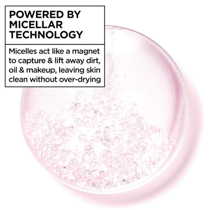 Fragrance free micellar water liquid texture being poured onto a cotton round