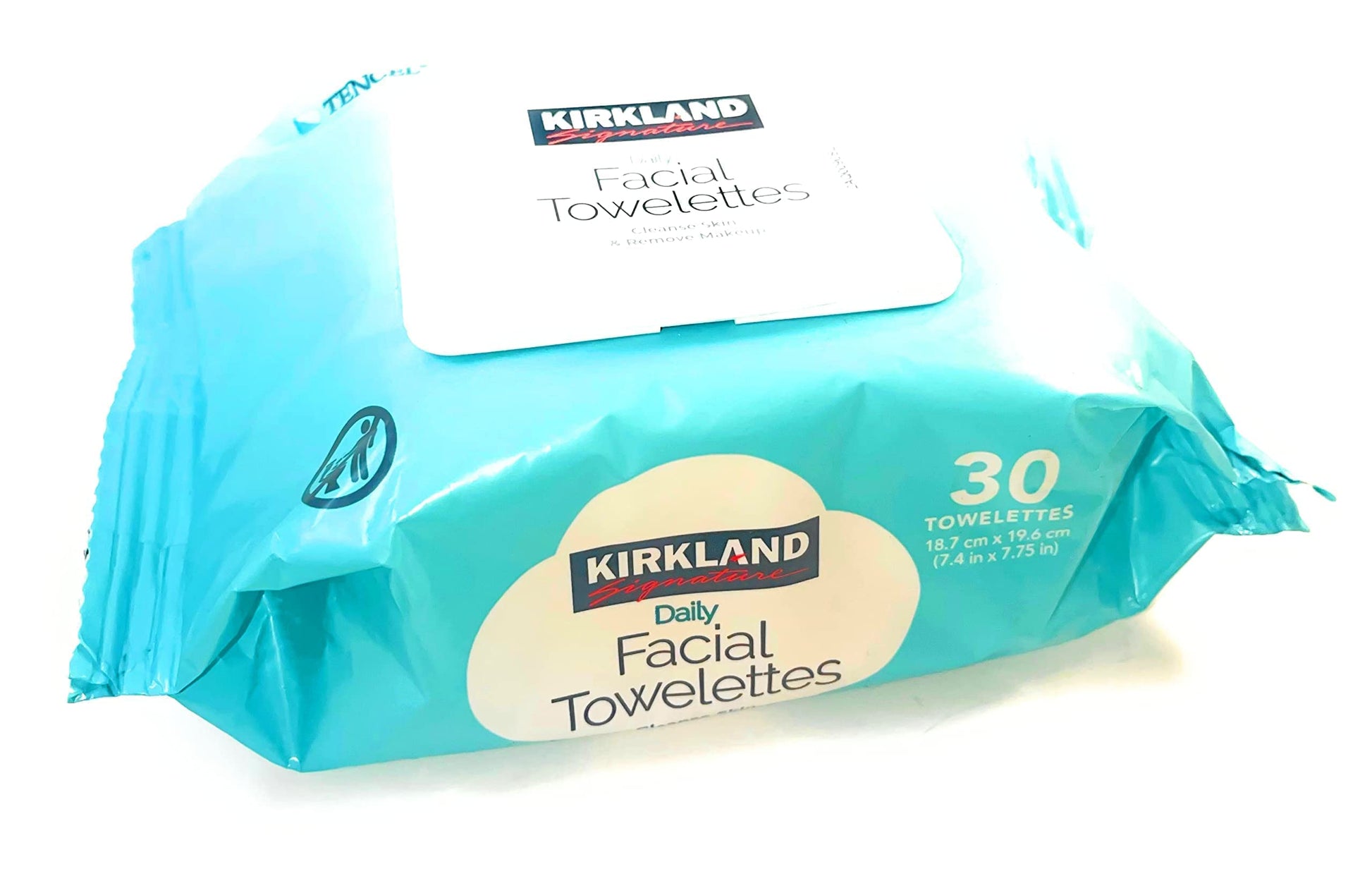 Kirkland Signature micellar water face wipes pack highlighting vitamin E and prebiotic ingredients
